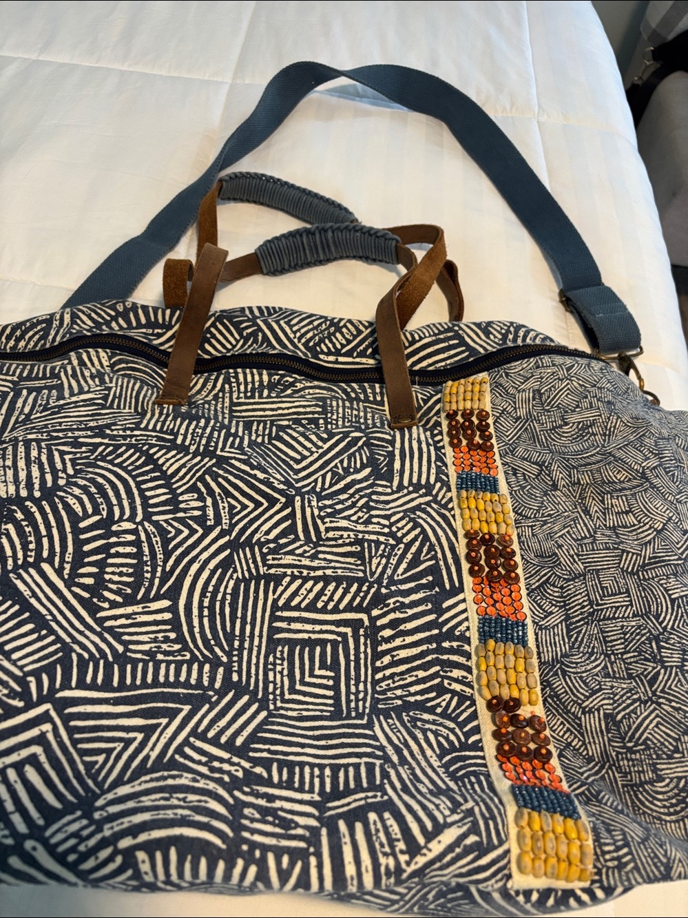 Anthropologie Jasper & Jeera Teresa Weekender Blue & White Leather Trims Bag - Picture 5 of 15